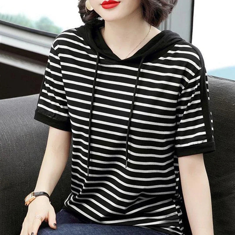 Special Dress Loose Sleeved T-shirt Size Stripe Hooded Oversize Summer Top Camisetas Tops Women T-shirts Clothing