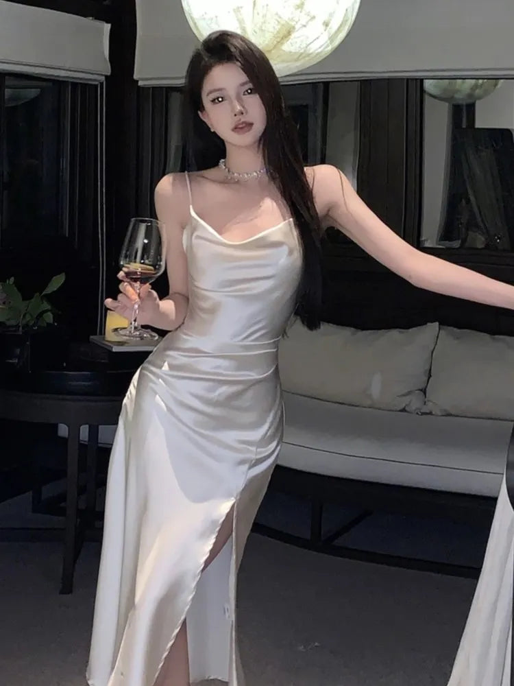 Elegant Party Dress For Women 2023 Satin Solid High Split Swinging Collar Spaghetti Strap Korean Chic Fashion Evening Dresses