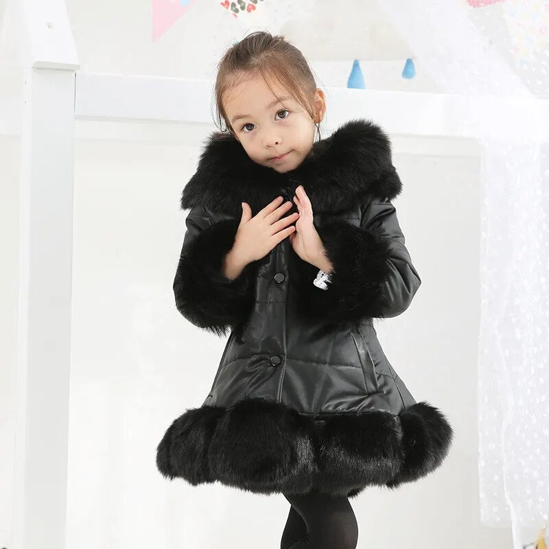 2023 Winter Kids Girls PU Leather Patchwork Faux Fox Fur Collar Down Jacket Coat Children Thick Warm Hooded Parkas Outerwear W31