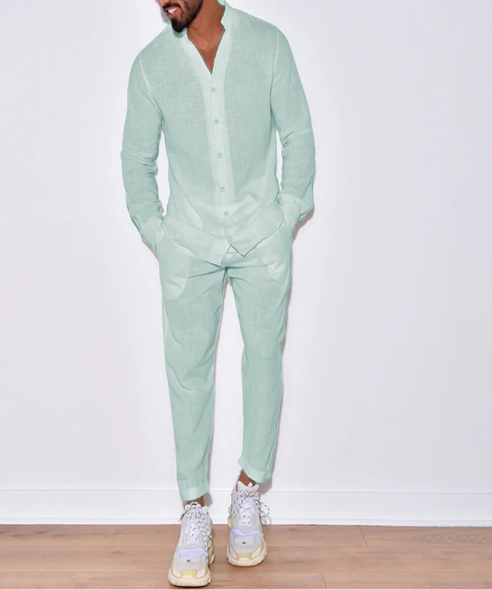 Men's casual cotton and linen suit, fashion comfortable linen solid color stand collar shirt street loose long sleeve two-piece