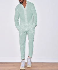 Men's casual cotton and linen suit, fashion comfortable linen solid color stand collar shirt street loose long sleeve two-piece