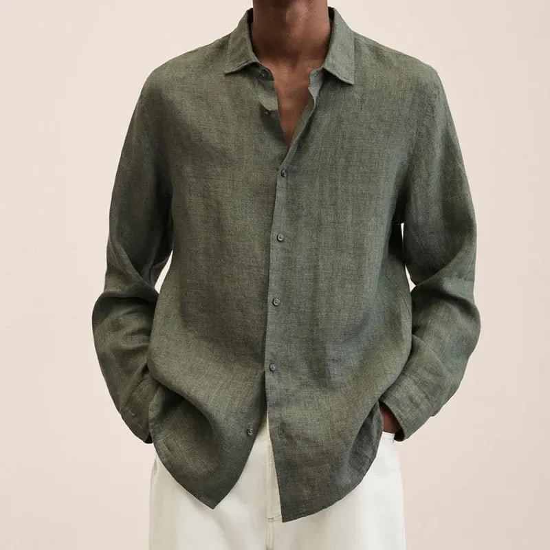 Men's Simple Linen Shirt Spring Autumn New Solid Color Lapel Buttons Loose Long Sleeve Shirt