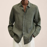 Men's Simple Linen Shirt Spring Autumn New Solid Color Lapel Buttons Loose Long Sleeve Shirt