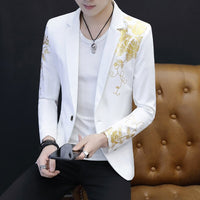 2022 New Men's Fashion Gold Print Groom Wedding Dress Suits Jackets Male Casual Blazer