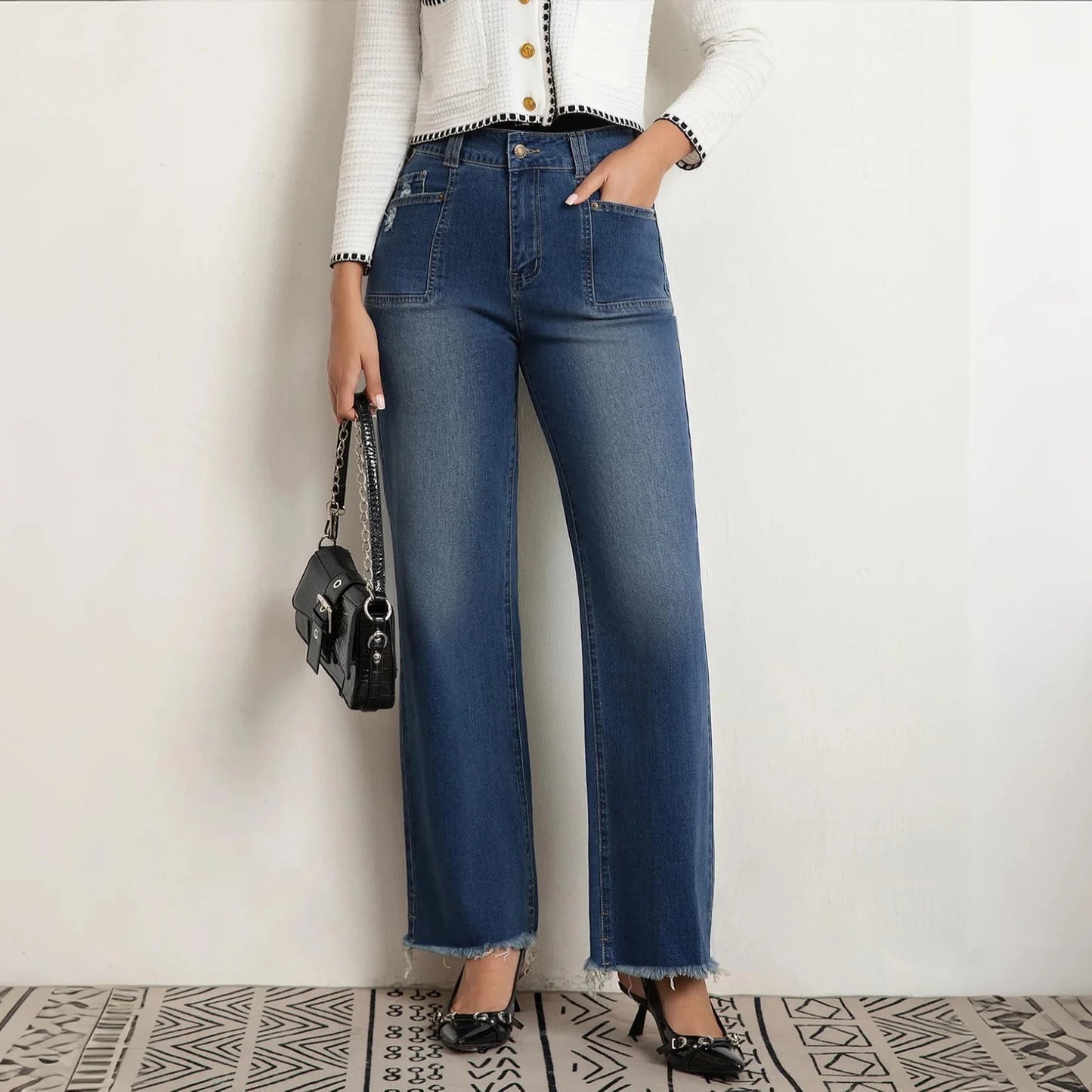 Women's New Jeans Causal Straight Mid-Waisted Jeans Spring Autumn Thin Wide-Leg Retro Temperament Daily Commute All-Match Pants