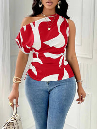 Women's Blouse One Shoulder Abstract Print Side Tie Satin Fitted Tops Sexy Blouse Spring Summer Top Chic Blouse Daily Light Tops