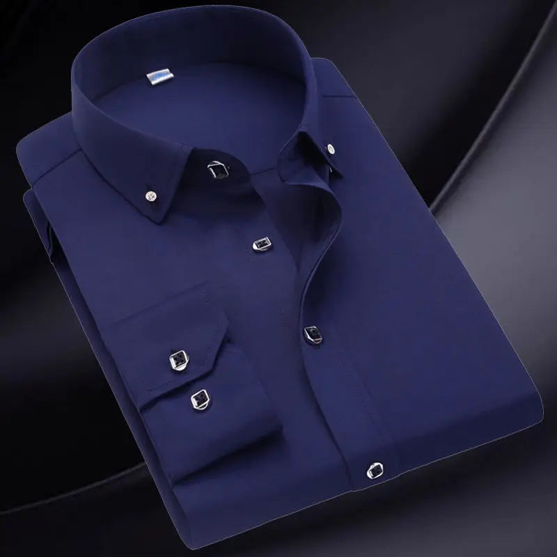 Men's Button-down Shirt Long Sleeve Casual Formal Business Dress Shirts Pocket-less Solid Color Blue White Tops Korean Slim Fit