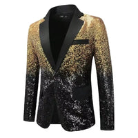Shiny Sequin Tuxedo Jacket for Men - Royal Blue & Gold Gradient, Black Lapel, Formal Party/Wedding/Stage Wear‌ Coat.