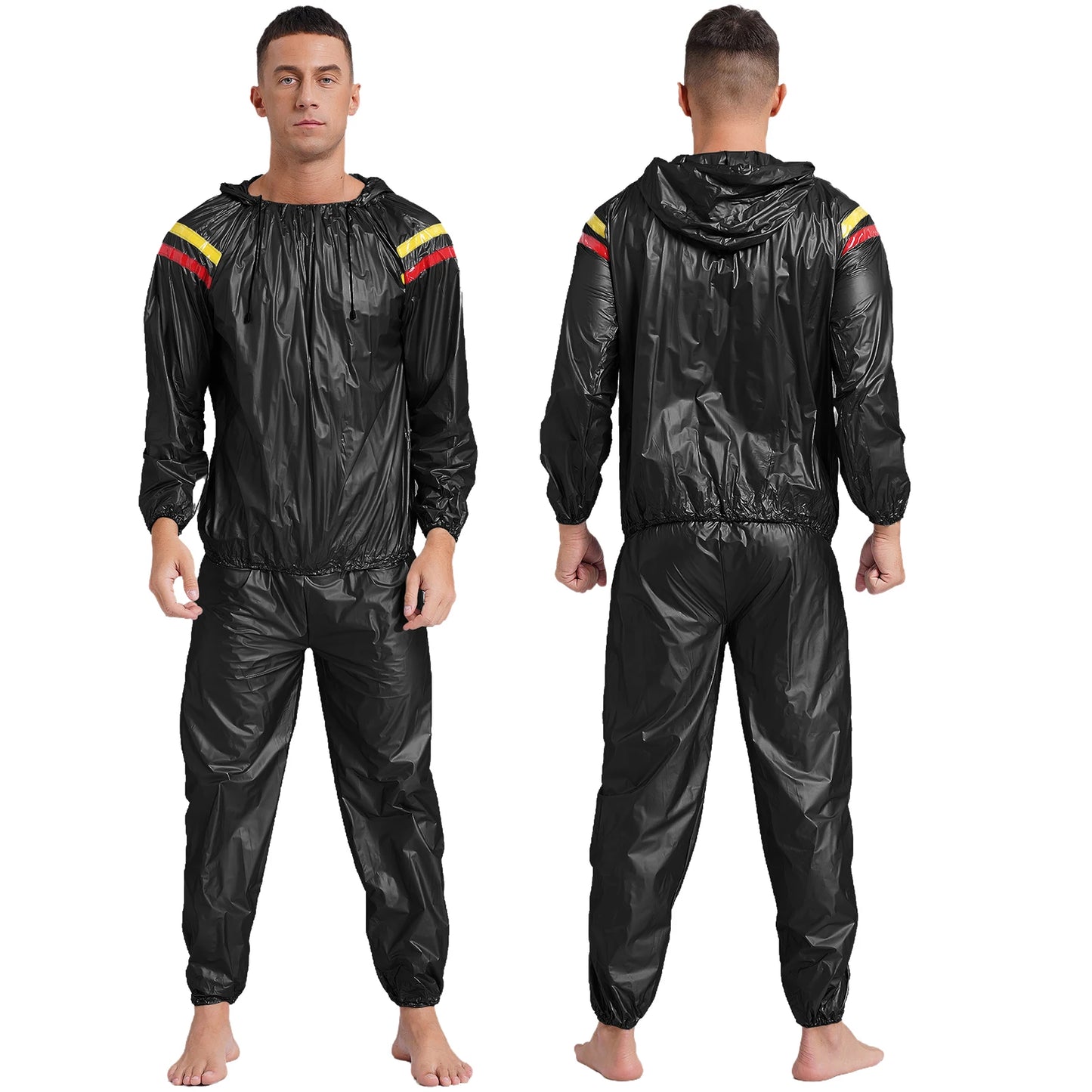 Mens Sauna Sweat Outfit Long Sleeve Hooded Jacket Outerwear and Elastic Waist Long Pants PVC Sweating Suit for Gym Workout