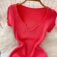 Women's Red Short Sleeve Sundress Solid Ruffle Trim Stretchy Ribbed Knit Bodycon Mini Dress Casual Party Clubwear Dress Outfits