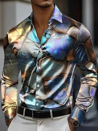 Men's long sleeved shirt, retro patterned 3D printed design, men's lapel button loose and comfortable casual vacation plus size