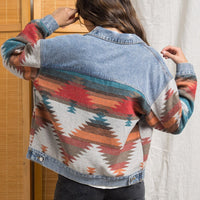 Retro Denim Jacket 2022 New Long Sleeved Lapel Loose Denim Stitching Woolen Jacket Female AZTEC Vintage Denim Stitching Coat