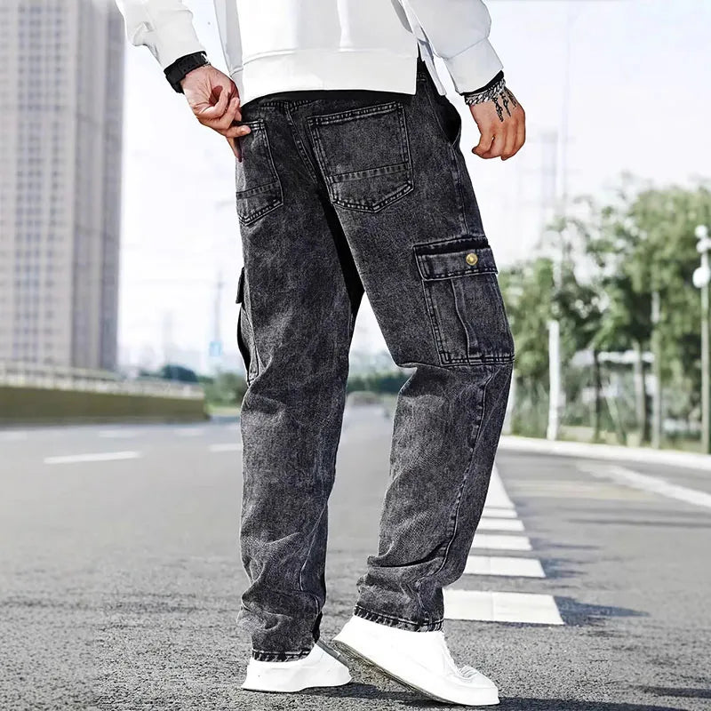 Korean Casual Comfortable Loose Fitting Jeans For Men Large Pocket Jeans Seasons Straight Leg Pants Work Pants