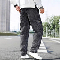Korean Casual Comfortable Loose Fitting Jeans For Men Large Pocket Jeans Seasons Straight Leg Pants Work Pants