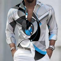 New men's artistic printed long-sleeved shirt, retro color-blocked design, casual shirt, versatile and stylish top for commuting