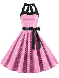 Elegant Women Pink Polka Dot Dress Summer Robe Hepburn 1950s 60s Vintage Sexy Halter Rockabilly Retro Party Dresses 2026 Vestido