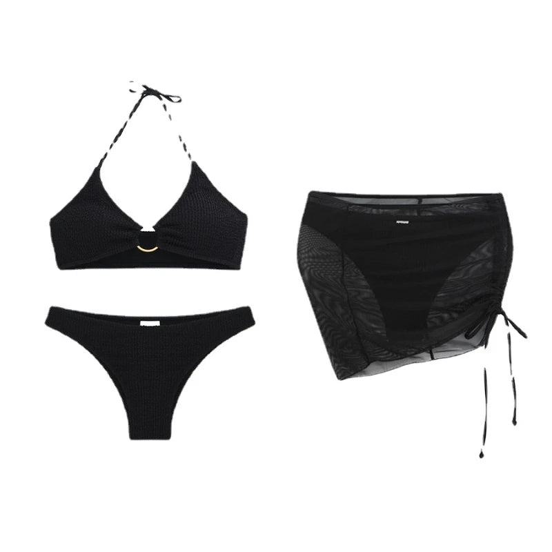 2023 High Waist Swimsuit 3-Piece Set Micro Ribbed Bikini Hanging Neck Textured Ring Linked Halter Bikini