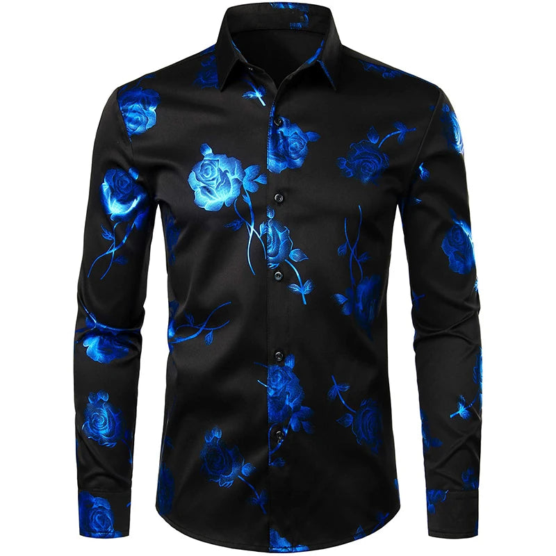 2024 New Men's Gold Shirt 3D Rose Print Slim Fit Button-Down Party Dress Shirt Athleisure Fashion Comfortable Long Sleeve