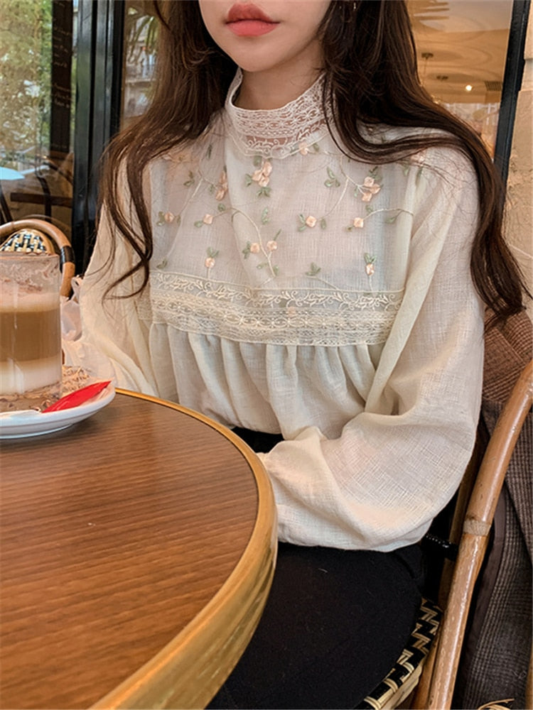 Sexy Kitty New Elegant Lace Stand Collar Blouse Shirt Sexy Hollow Out Floral Long Sleeve Tops