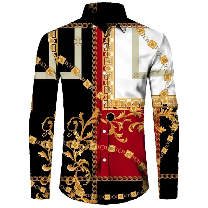 Fashion Luxury Golden Flower Print Men's Shirts Baroque Style Short/Long Sleeve Lapel Button Up Tops Social Hawai Party Cardigan