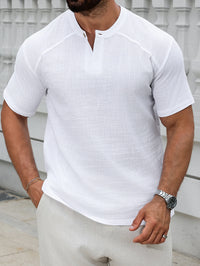 1PCS Mens Linen Short-Sleeved Shirt Top Round-Neck Pullover Casual Solid Color Henry Collar T-Shirt with Buttons Fashion Hippie