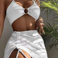 Sexy Halter Neck Split Three-piece Swimsuit Skirt Drawstring High Waist Lace-up Slim Bikini Solid Stitching Swimsuits Woman 2023