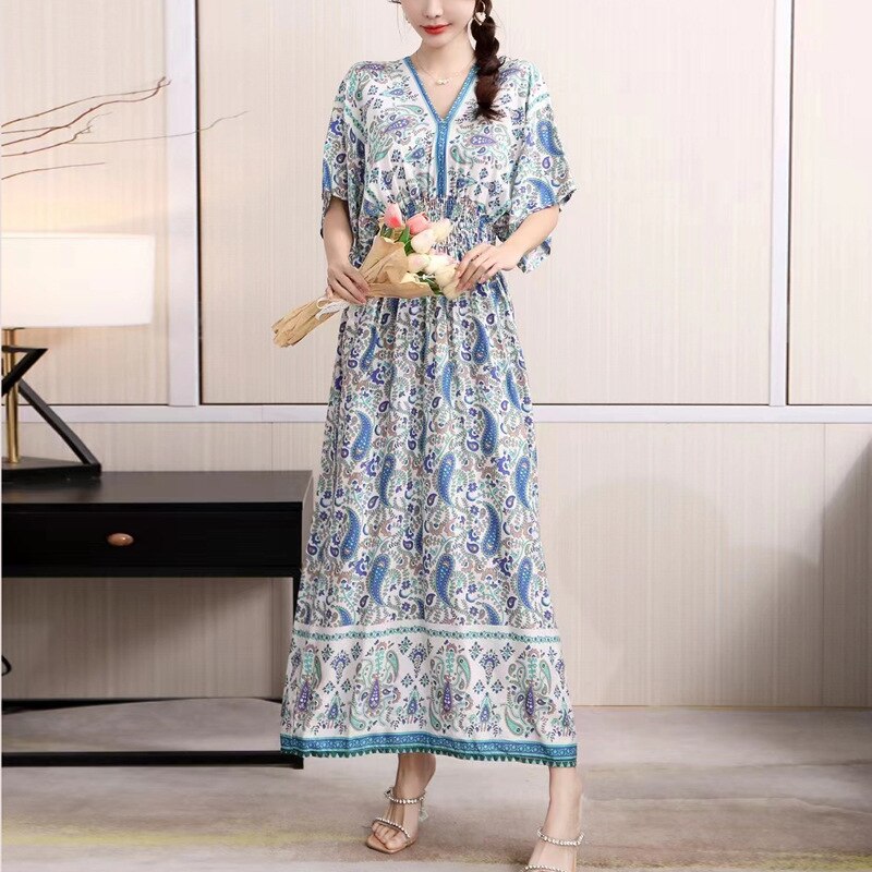 Summer Poplin Dresses Women Round Neck Puff Short Sleeve A Line Print Dresses Ethnic Style Tight High Waist Long Dress 2023