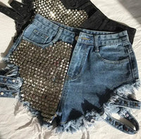 Rivet denim shorts summer spring women high waist loose tassel jeans shorts