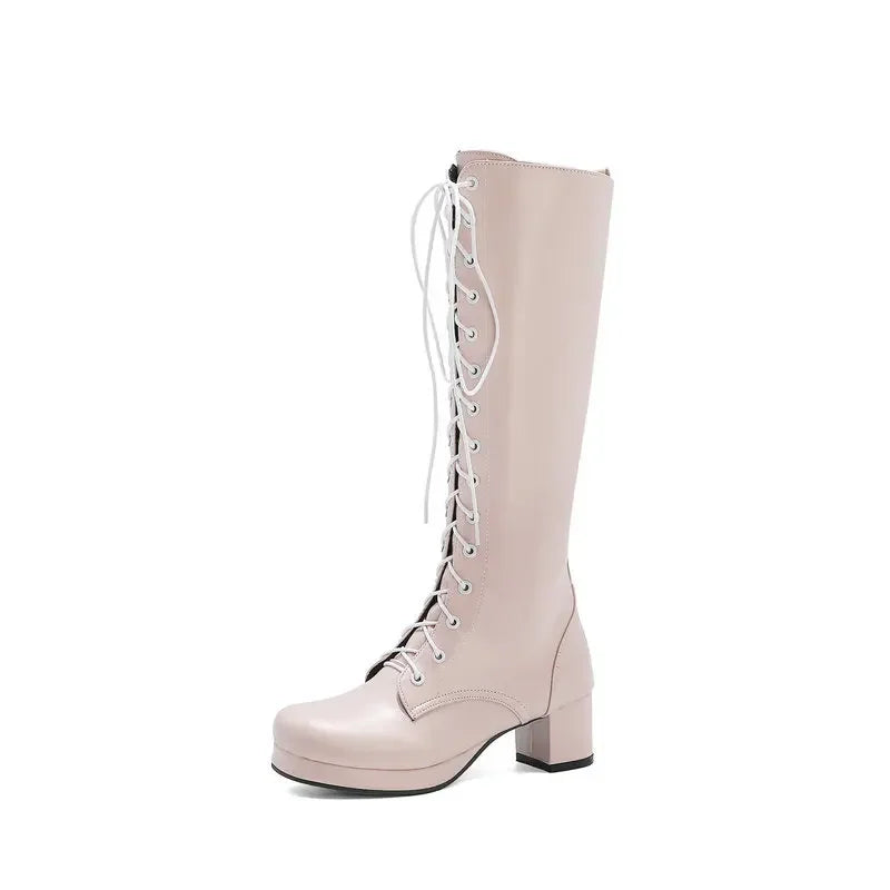 Woman Lovely Sweet Lace Up Purple Pink White Fashion Women's High Knee Boots Winter Shoes Lolita Shoes Girls Boots