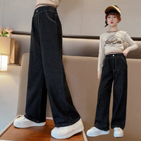 Jeans for Girls 2024 New Fashion Cartoon Printed Long Denim Trousers Teens Kids Cute Dog Pattern Wide Leg Pants 5 7 9 11 13 14Y