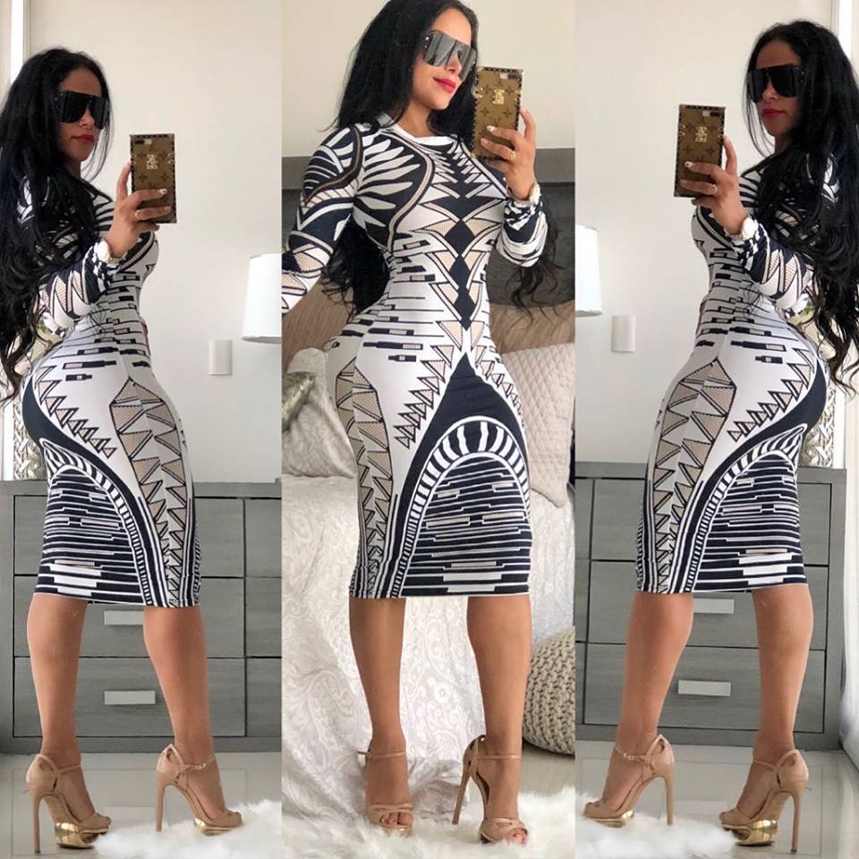 Multicolor Print Novelty Bodycon Sheath Dress Women Summer Long Sleeve Knee-Length Casual Dresses Elegant Slim Midi Robe Femme