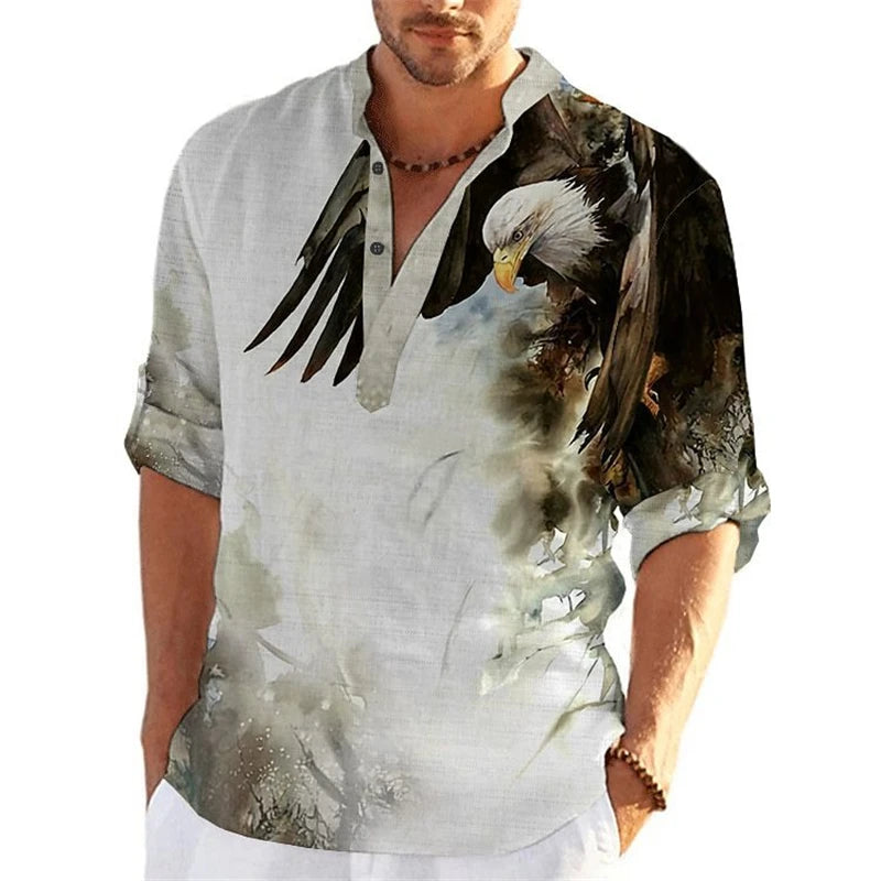 Men's 3D Button Shirt T-shirt Summer New Fashion Personalized Graffiti Standing Collar Casual Long sleeved Shirt Extra Large