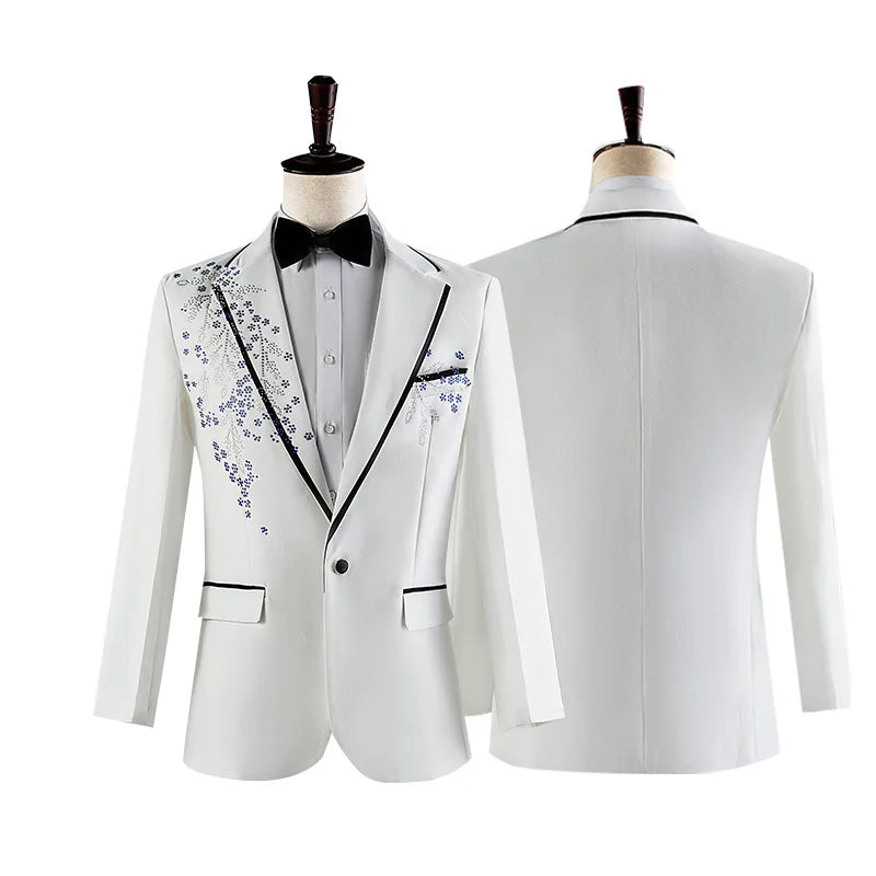 Fashion Men Spliced Suits Black / White Singer Host Stage Performance Luxurious Dress Blazers Jacket and Pants