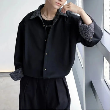 Men's Black Button Oversized Shirt Jacket Long Sleeve Shirt Contrast Collar Cuffs Loose Fit Versatile Casual Button-Down Top