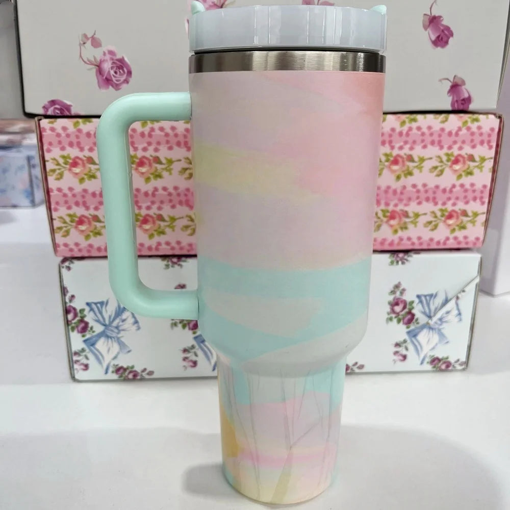 Stainless Steel Vacuum Insulated Car Cup with Dual Straw Lid, Thermal Icy Travel Handle 40oz New