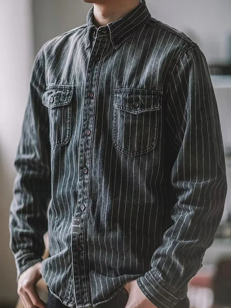 Streetwear Mens Denim Shirts Casual Long Sleeve Buttoned Lapel Striped Blouse Shirt for Men 2025 Spring Casual Cargo Shirt Tops