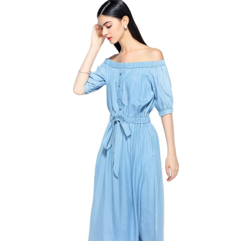 2023 new summer casual slim dress women elegant slash neck half sleeve denim dresses vestidos de verano women clothes 2019