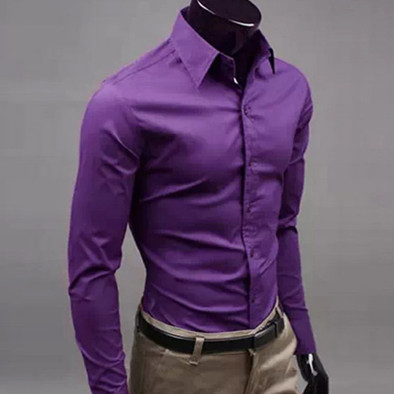 Men\'s Long Sleeve Button Up Shirts Solid Slim Fit Casual Business Formal Dress Shirt Suit for Wedding