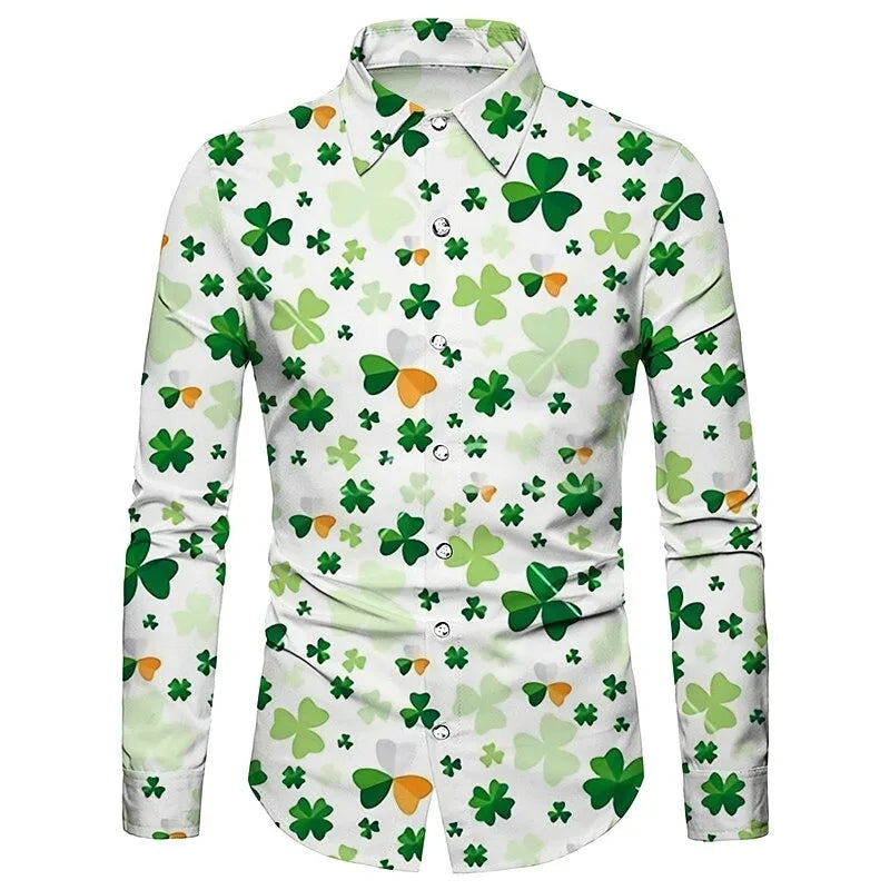 New men's clown pattern 3D printed shirt with clover high-quality fashion casual long sleeved shirt and lapel top