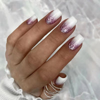 24Pcs Short Square False Nails with Jelly Adhesive Glitter Gradient Design Detachable Fake Fingernails Full Cover Press on Nails