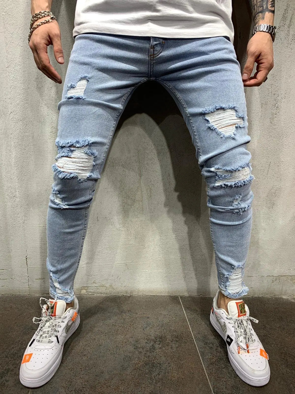Punk Street Ripped Skinny Jeans Men Vintage Wash Solid Denim Trouser Mens Casual Slim Fit Pencil Denim Holes out Pants 2024