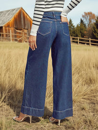 2025 New Women's High Rise Straight Jeans - Classic dark blue washed stretch jeans with button placket, elegant and intellectual