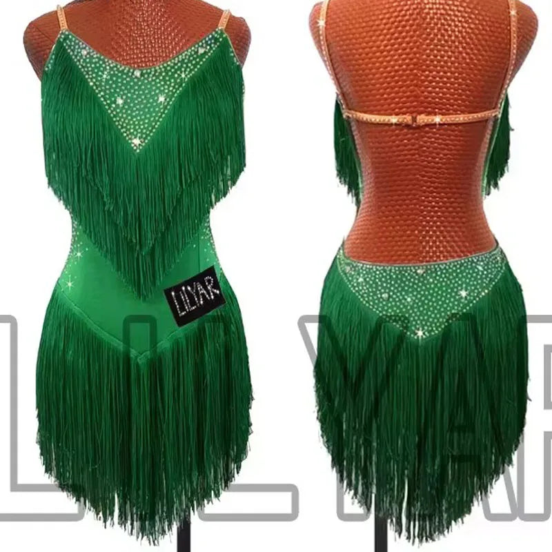 Latin Dance Dress Competition Costumes Skirt Performing Rhinestones Adult Children Tassel Various Color Red  White