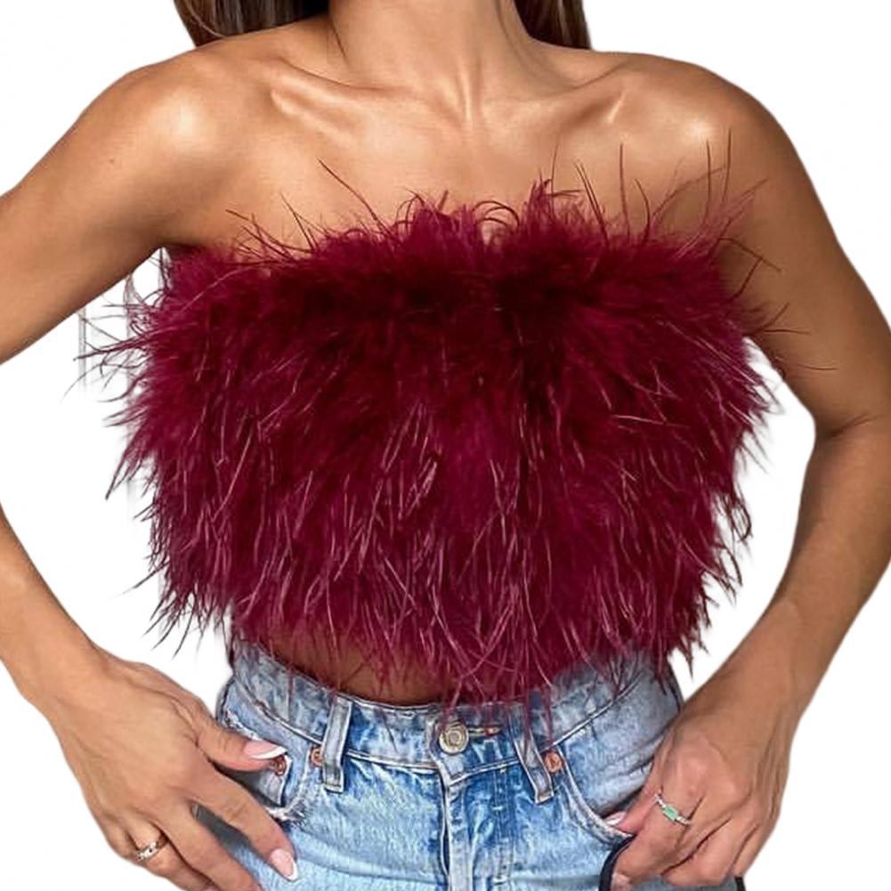 Sexy Feather Strapless Tank Tops Women Summer Party Club Sleevelss Fluffy Fashion Tops Female 2022