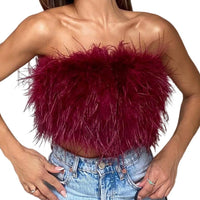 Sexy Feather Strapless Tank Tops Women Summer Party Club Sleevelss Fluffy Fashion Tops Female 2022