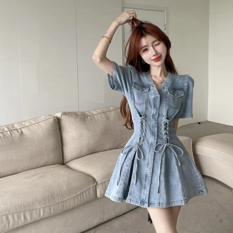 French Elegant Dresses V Neck Puff Sleeve Solid Color Bandage Jean Dress Summer Female Slim Fashion Vintage Women Clothes 2023