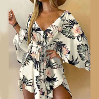 2023 New Summer Beach Elegant Dresses Women Sexy V Neck Lace-up Floral Print Mini Dress Casual Flared Sleeves Ladies Party Dress