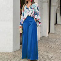 Fashion Print Set Women Casual Long Sleeve Button Shirt+Pockets High Waist Wide Leg Pants Office 2 Piece Sets Lady Spring Summer