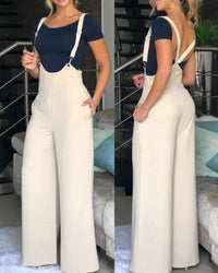 Spring Summer Casual Solid Strap Jumpsuit  Women Fashion High Waist Strap Wide Leg Bodysuit Women