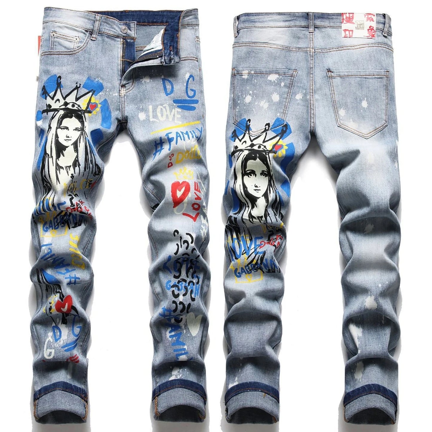 High Quality Men’s Slim-fit Blue Jeans,Light Luxury Hot Printed Decorating Sexy Jeans,Stylish Street Fashion Jeans;